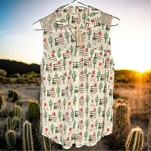 Ariat Sleeveless Top Women’s Small Cowgirls Cactus Sequined Rodeo New Rare pinup